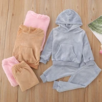 2022 autumn and winter new boys and girls solid color hooded long sleeve plush pocket two piece childrens set