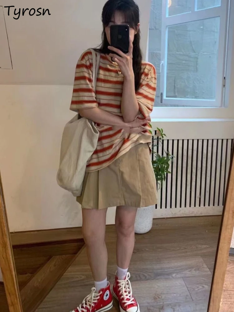 

Loose T-shirts Women Striped Design Trendy Simple Classic Retro Summer Preppy Style Casual All-match Streetwear Harajuku Student