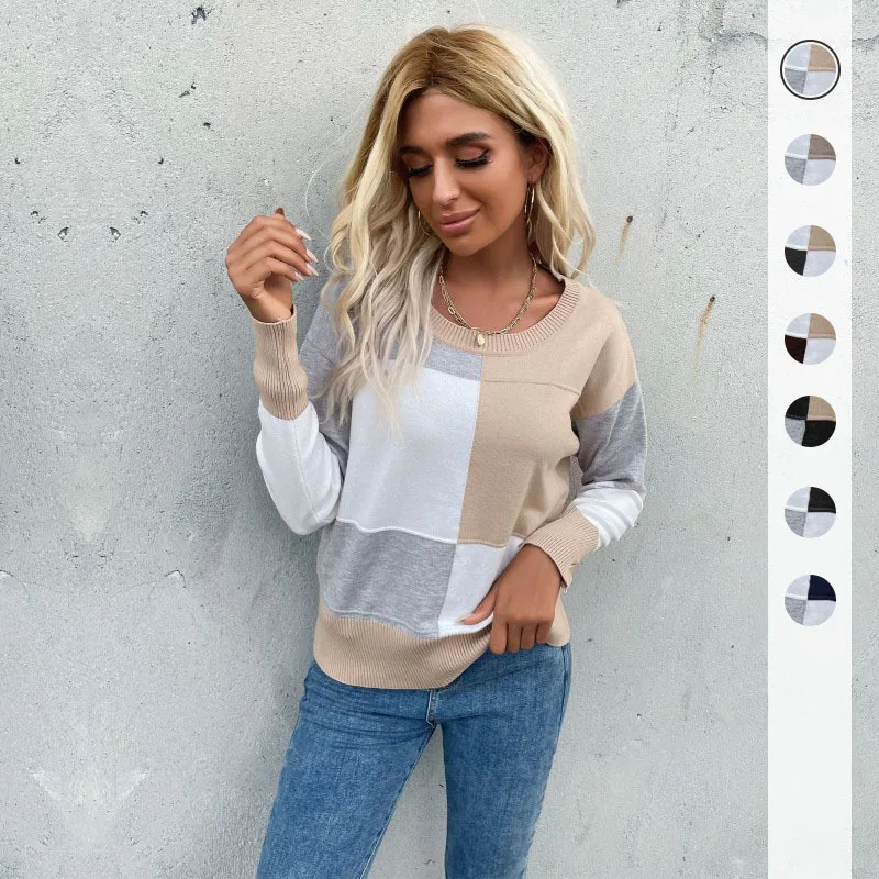 

Новинка 2021, Ранняя осень, европейский и американский пуловер с круглым вырезом, вязаный свитер с длинным рукавом для женщин