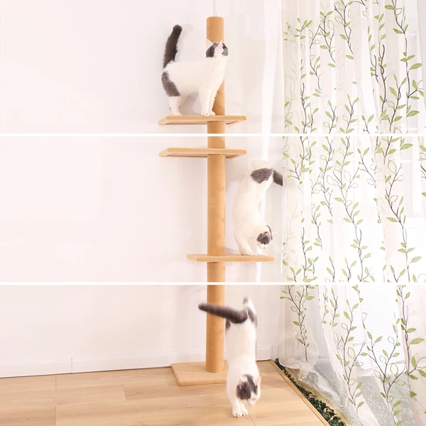 

Three Tier Floor-to-Ceiling Cat Tree Cat Climbing Tree 9 Feet Khaki