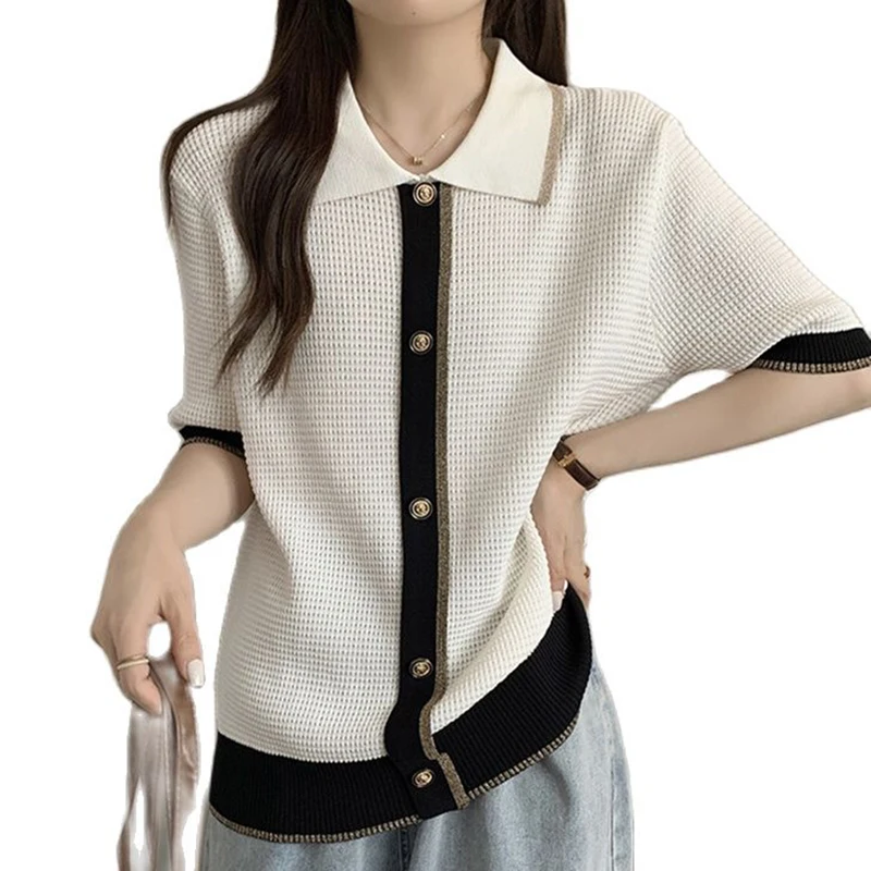 

Black White Knitted Short Sleeved Loose Summer Style Top Fashion Blouses 2023 Cheap Vintage Clothes For Women Female Clothing