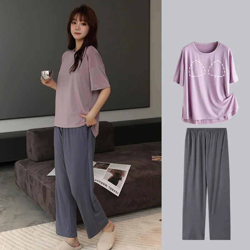 Ice Silk Nightwears for Ladies Chest Pad Women's Home Clothes Sets Crew Neck Sleepwear Women's Pajamas Free Shipping Puller Thin