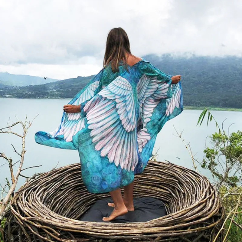 

2023 Trend Women's Clothing Wings Cover-ups Beach Long Boho Kaftan Dress Kimono Mujer Pareos De Playa Beach sun protection skirt