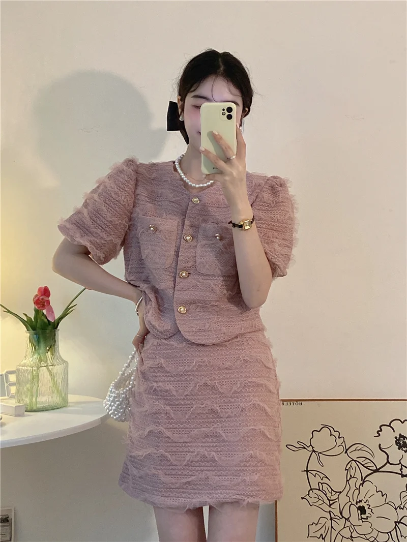 

Летний винтажный комплект из двух предметов, однобортный пиджак с коротким рукавом и юбка-трапеция с высокой талией, костюмы из 2 предметов