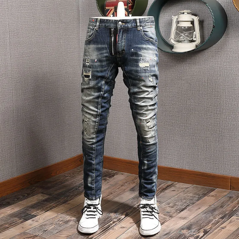 Street Fashion Men Jeans Retro Washed Blue Elastic Slim Fit Ripped Jeans Men Spliced Designer Hip Hop Denim Biker Pants Hombre