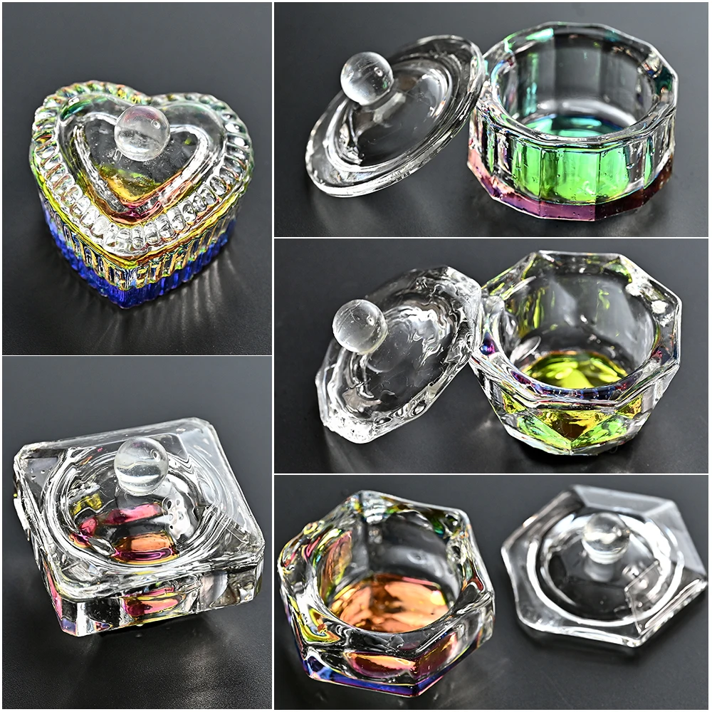 

1pc Crystal Glass Acrylic Powder Liquid Nail Cup With Lid Rainbow Dappen Dish Crown Cup Nail Tools Bowl For Manicure Holder Kits