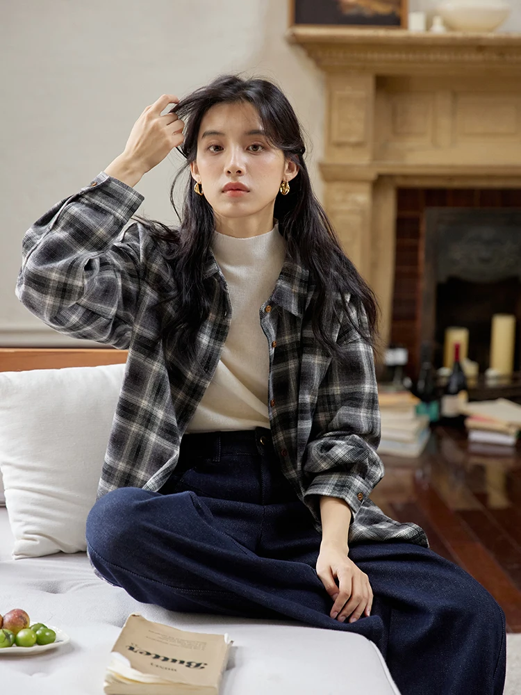 Supmwos Французские сложенные клетчатые утолщенные рубашки с начесом женская