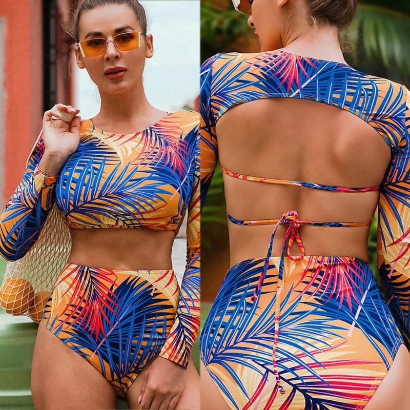 

Женский комплект бикини с высокой талией, купальный костюм из двух предметов с длинными рукавами, купальник с цветочным принтом для пляжа