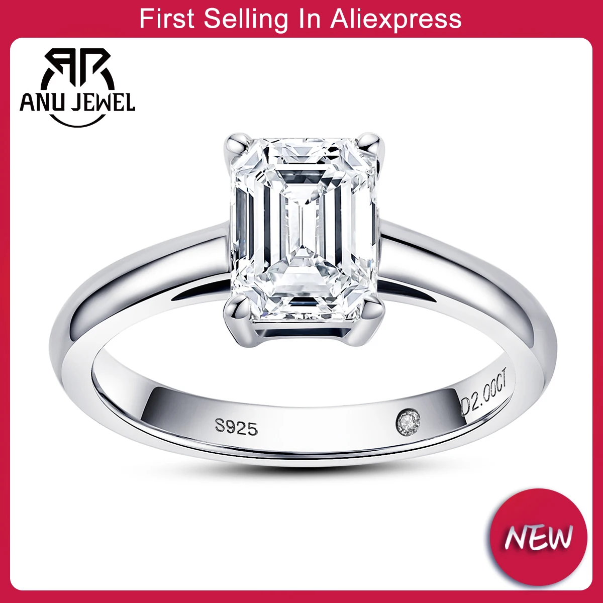 AnuJewel 6x8mm 2ct Emerald Cut Moissanite Engagement Wedding Ring 925 Sterling Silver Rings For Women Jewelry Wholesale