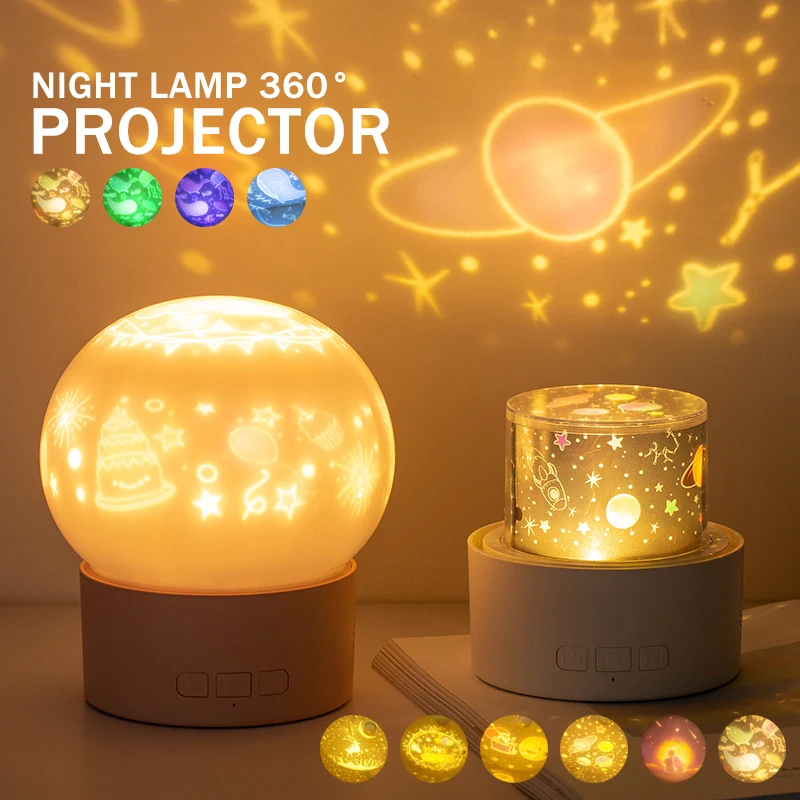 

Проектор для ночного освещения, вращающийся на 360 ° проектор для музыки, проектор звездного неба, цветная прикроватная лампа