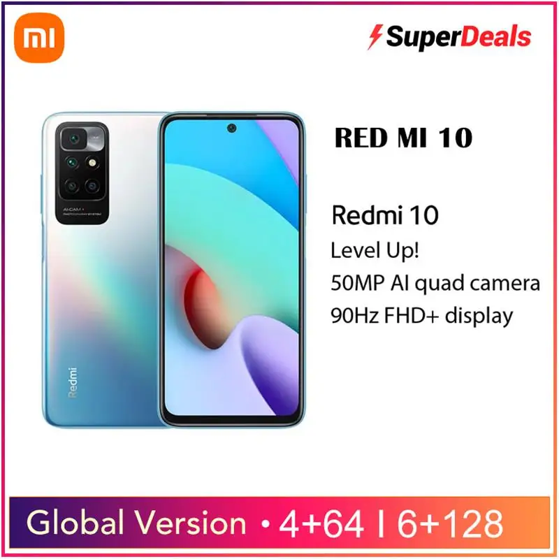 

Xiaomi Redmi 10 4/64GB 6/128GB Global Version Smartphone 128GB 50MP AI Quad Camera 90Hz FHD+ Display 5000mAh Large Battery