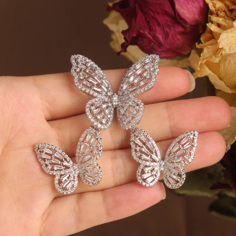 

Hot Sale Fashion Jewelry Exquisite Copper Inlaid Zircon Earrings Ring Set Luxury Elegant Butterfly Prom Party for women