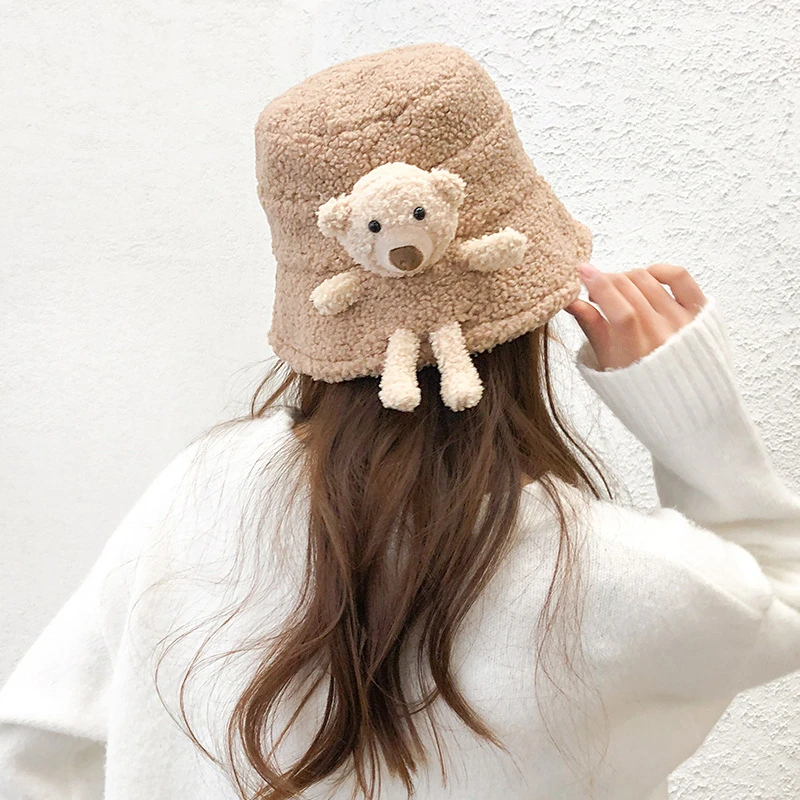 

Women Fisherman Cap Winter Bucket Hat Fluffy Plush Warm Cute 3D Stuffed Teddy Bear Wide Brim Harajuku Outdoor Windproof Caps