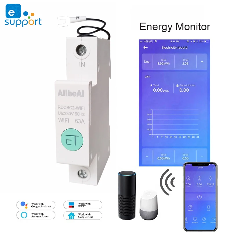 

eWeLink Wifi Smart Home 1P Single Phase Circuit Breaker,Din Rail Power Consumption Energy Monitor,kWh Meter,Wattmeter,110V 220V