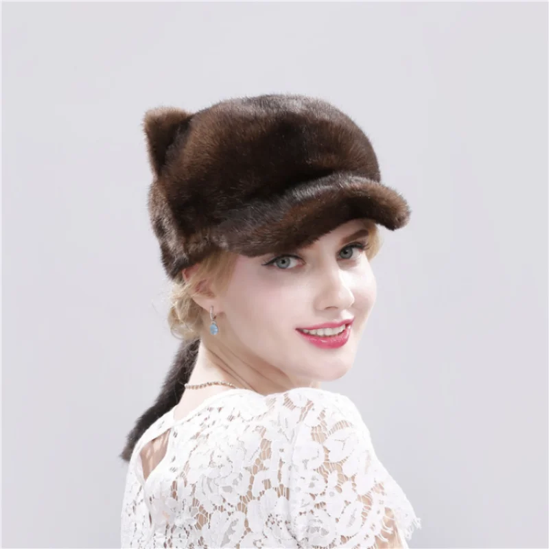 Sombreros de piel de visón para mujer, gorro cálido de piel auténtica de lujo, fashion,de alta calidad, con cola, de gato