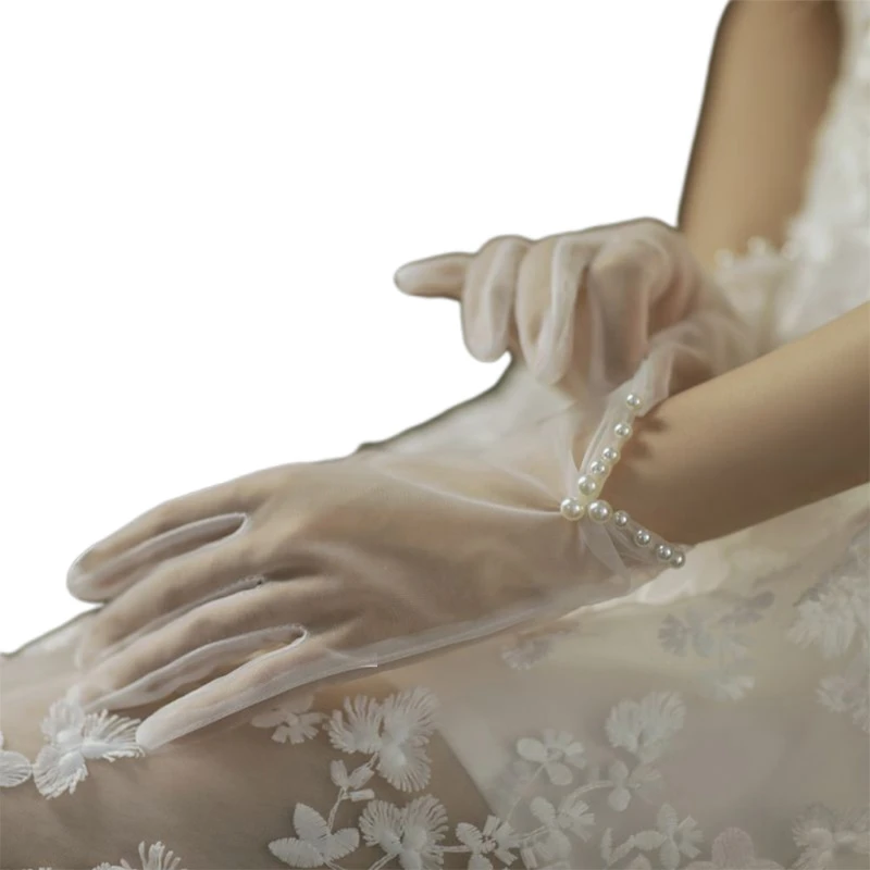 

Women Short Sheer Wedding Gloves Pearl Patchwork Sunscreen Bridal Mittens