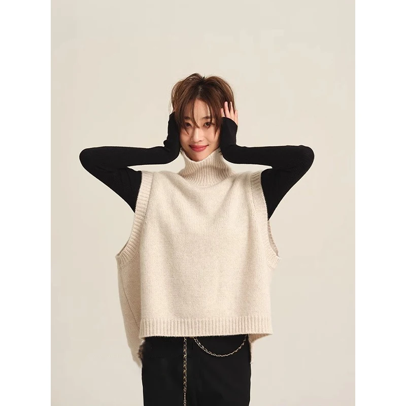French sle Mori look Gray Knit sweater Vest Women Autumn and Winter Turtleneck Waistcoat Stacked Outer Wear Idle Sle...