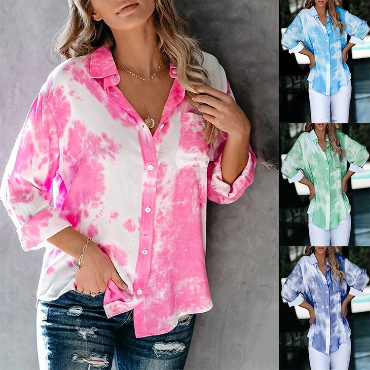 

Blouses Flowers Casual Women's Tops Loose Tie Dye Printed Gradient Long Sleeve Shirts S-XXXL