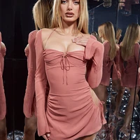 elegant baby pink cutout halter mini dress for women 2022 club party sexy drawstring mesh ruched clothes dresses