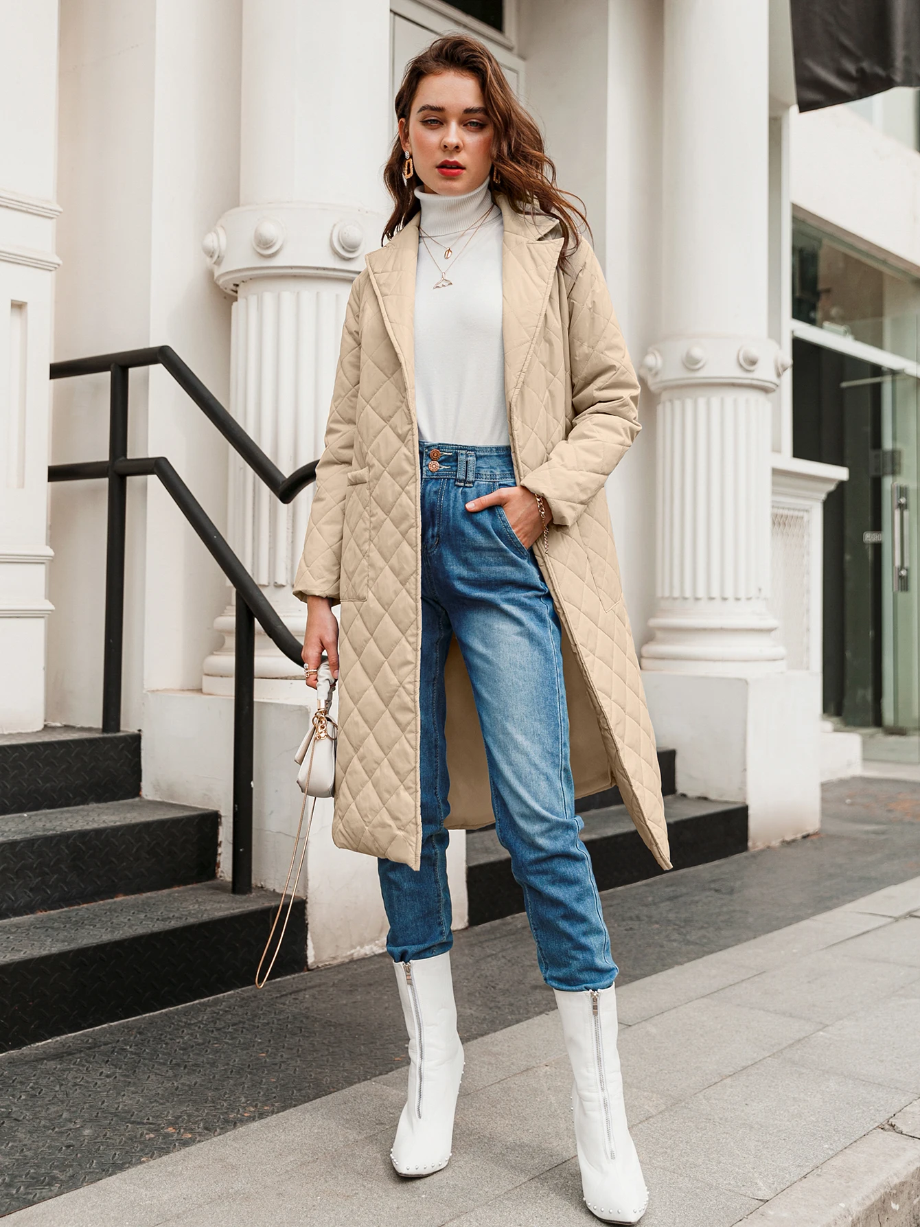 Diamond Pattern Long Straight Winter Coat Casual Belt Ladies Cold Protection Coat Deep Pocket Custom Collar Fashion Coat Women's