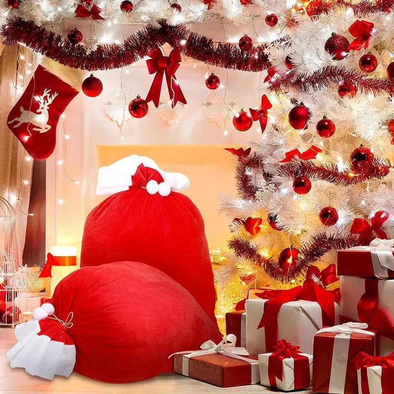 

Популярный Рождественский подарок, красный мешок со шнурком, мешки для Санты, конфет, печенья, большой мешок, украшение для елки, праздничное украшение