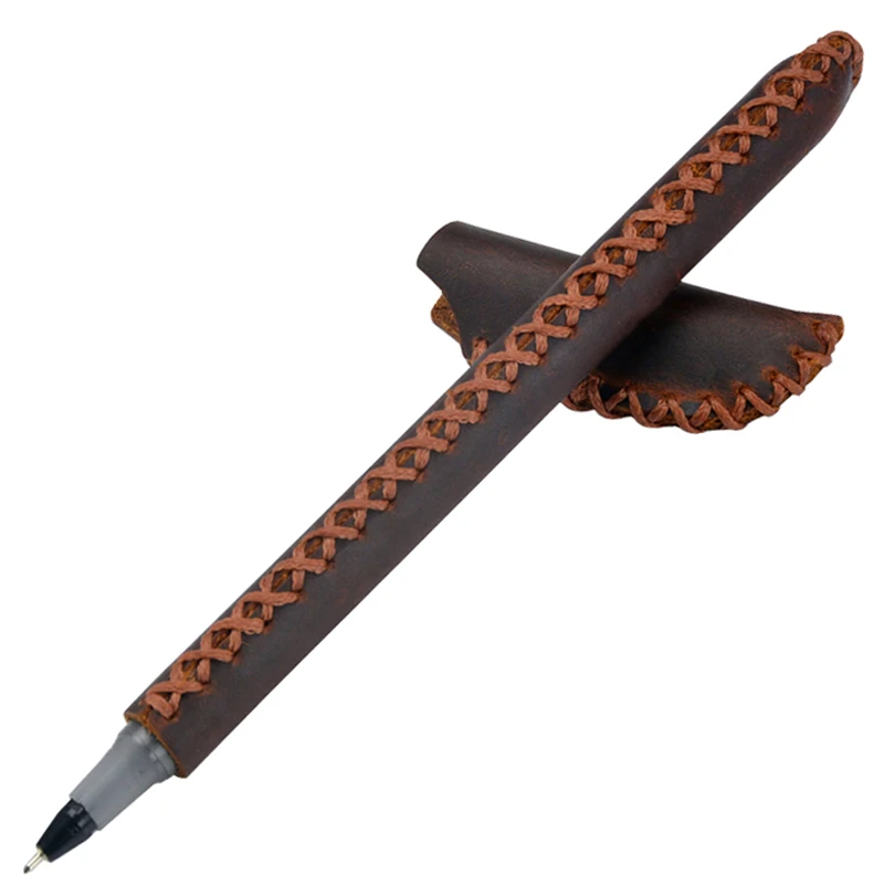 

Genuine Leather Sheath Gel Pen 0.5mm Point Black Ink Refill Gelpen Writing Materials Cowhide Stationery School Office Supplies