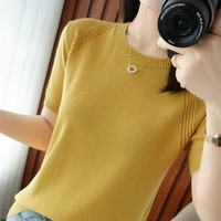 t shirt women 2022 new round neck sweater casual top women tees slim korean pullover large size hollow out cotton short sleeve