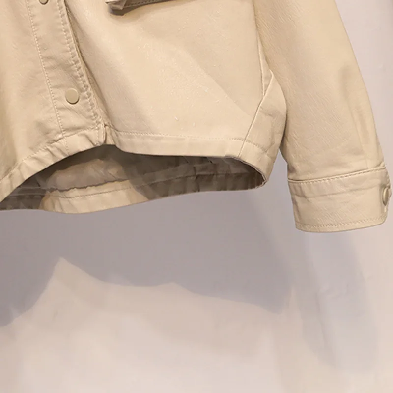 Loose version of women's leather clothing waist cover three-dimensional pocket motorcycle suit leather jacket women's wear