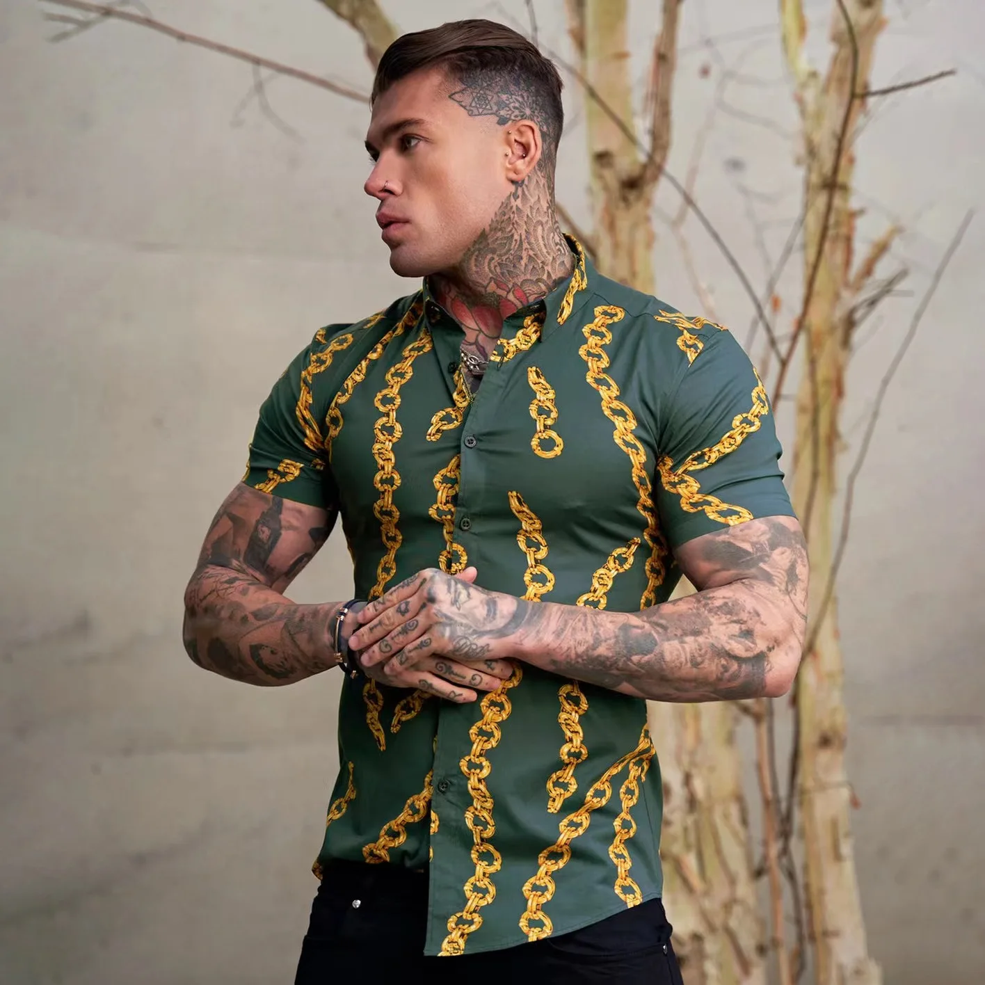 

Luxury For Men Clothing Social Shirt Man Baroque Print Loose Shirts Tops Lapel Prom High Quality Blouse 5XL Oversized Shirt Male