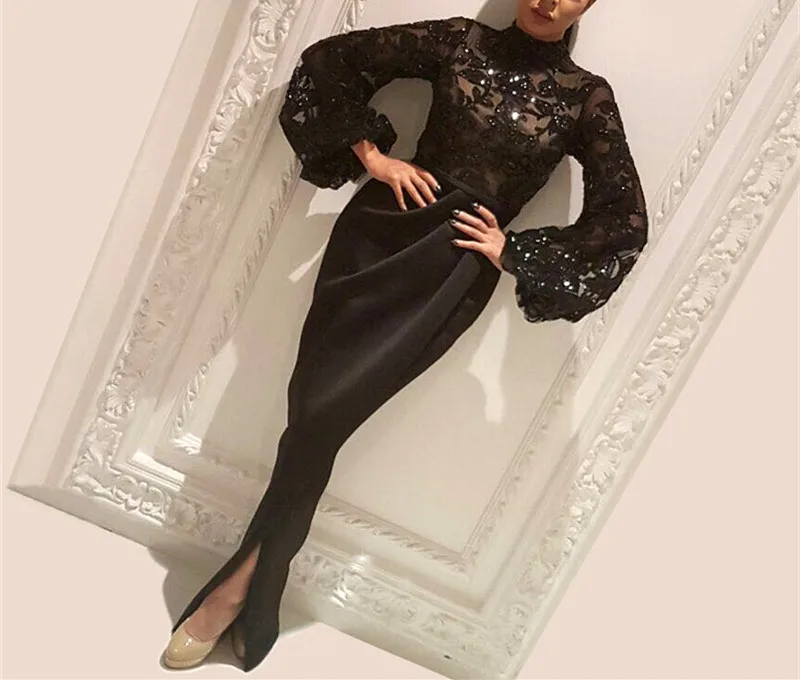 

Black Sequined Evening Dresses Arabic Mermaid Evening Gown Party Dress Vestido Longo Prom Dresses High Neck With Long Sleeves