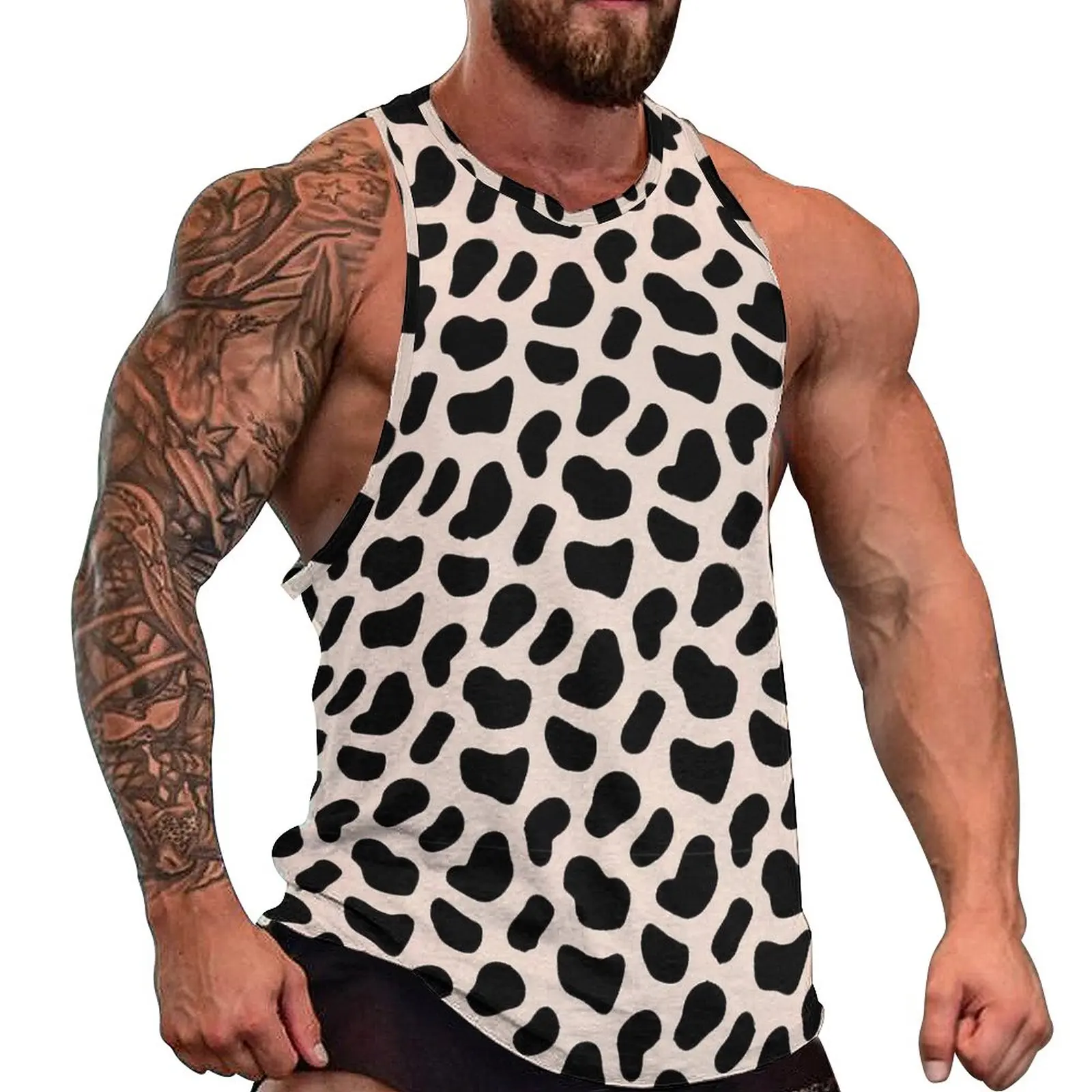 

Dalmatian Print Tank Top Male Black Spots Gym Oversize Tops Daily Trendy Printed Sleeveless Shirts