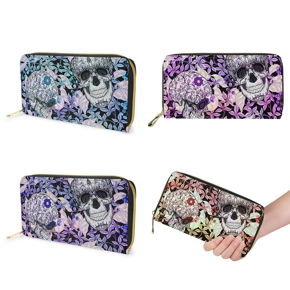 

FORUDESIGNS Purple Gothic Skull and Leaf Print Long Clutch Multipurpose Waterproof Coin Purse Wraparound Zippered Card Horder