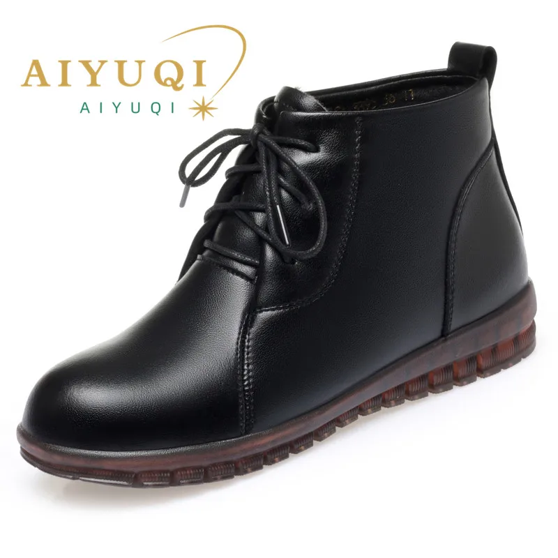 AIYUQI Women Short Boots Winter 2023 New Cowhide Women Ankle Boots Warm Flat Large Size 41 42 43 Fur Women booties