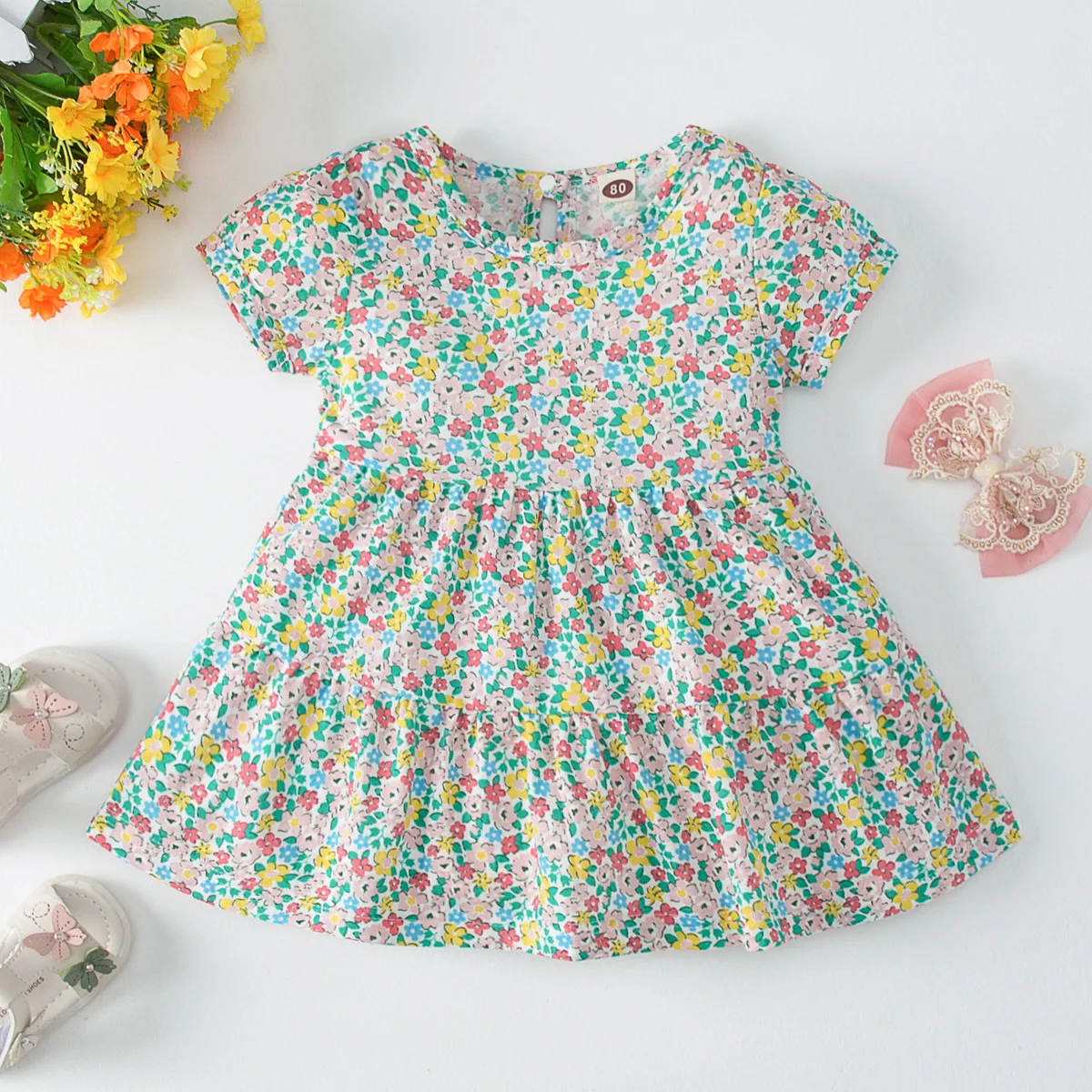 

Hibobi Baby Girl Solid Floral Pattern Short-sleeve Dress