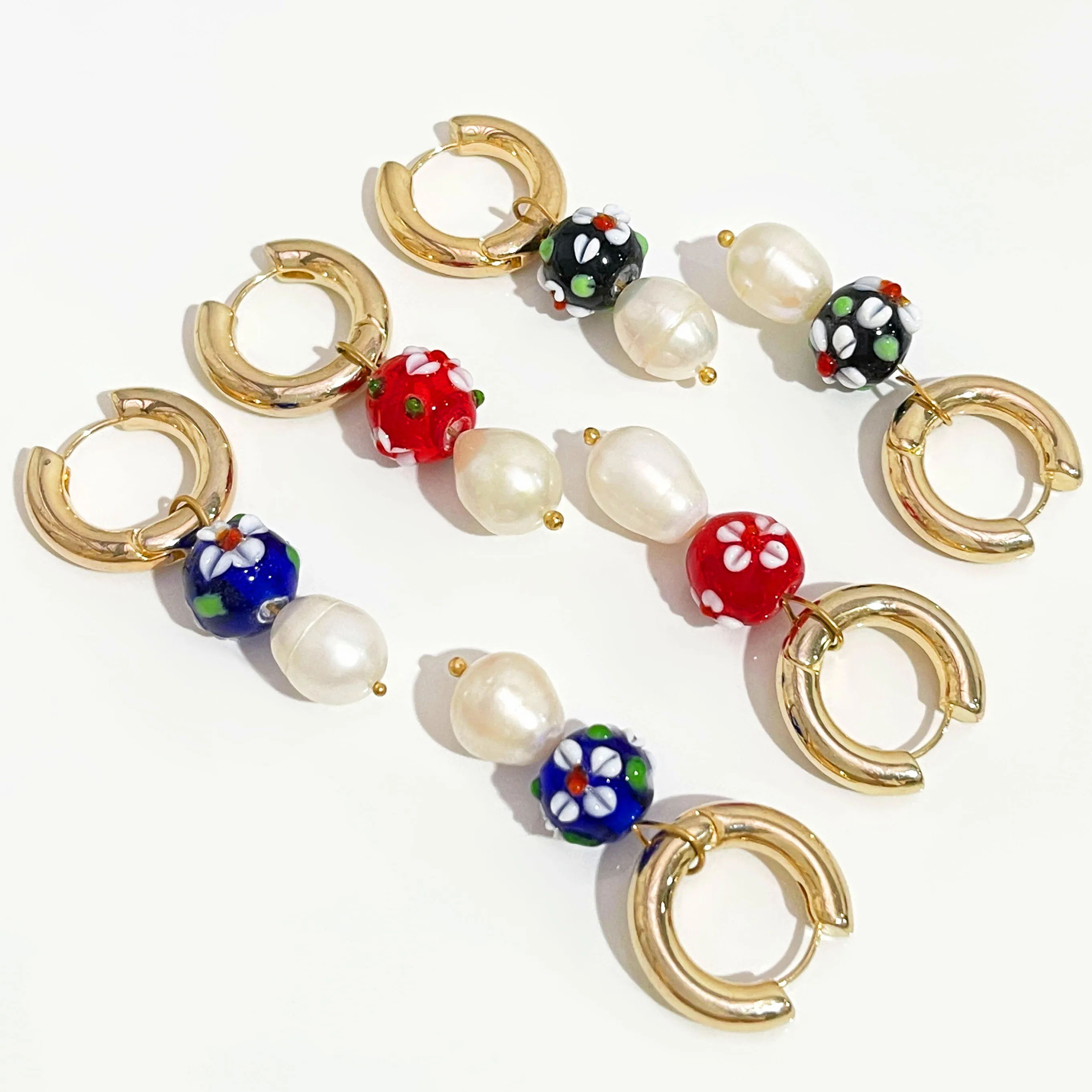 

Peri'sBox 3 Colors Coloured Glaze Flower Ball With Freshwater Pearl Hoop Earring For Women Boho Cute Summer Jewelry