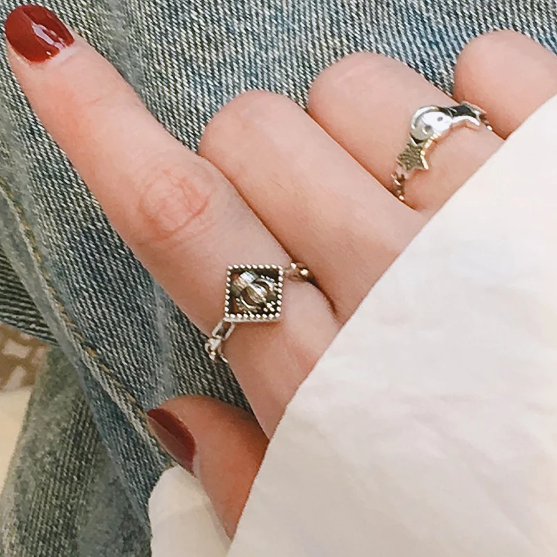 

Square Crown Retro Chain Silver Color Adjustable Finger Rings For Women Vintage Korean Jewelry Gifts