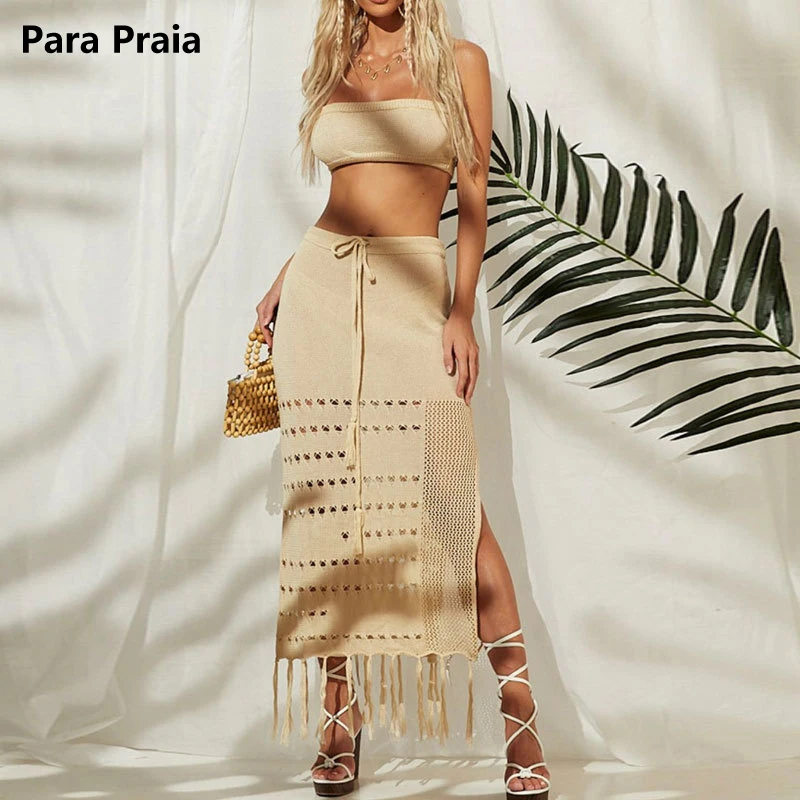 

Длинное вязаное крючком пляжное платье Para Praia из двух частей 2023, накидка на купальник, Сексуальная Ажурная Макси-юбка, женское бикини, пляжная одежда