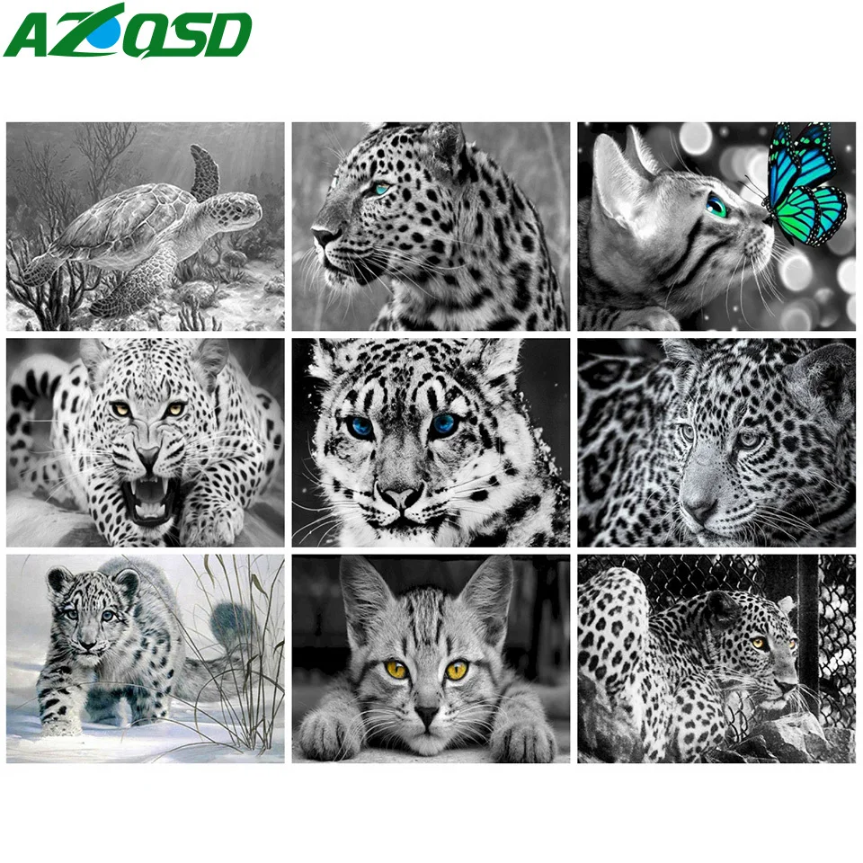 

AZQSD Picture By Numbers Leopard Aniaml Draw On Canvas Black White Home Decor Acrylic Painting By Numbers Cat 60x75cm Framed