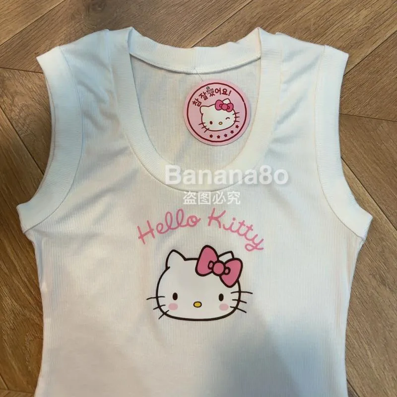 

Sanrioed Anime Cartoon Hello Kittys Short-Sleeved T-Shirt Ins Girl Heart Kawaii Slim Fit Hot Girl Sleeveless Round Neck Top Gift