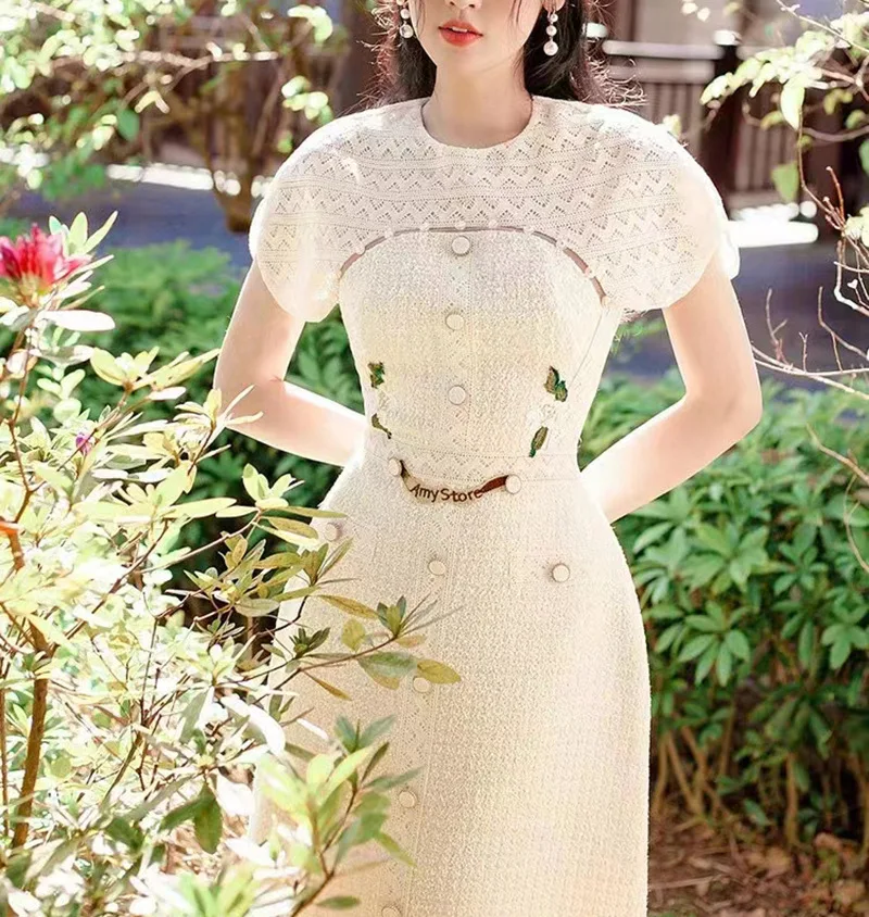 

Summer New Tweed High Waist Short Puff Sleeve Patchwork Embroidered Lace Sweet Dress Elegant Women Party Midi Bodycon Vestidos