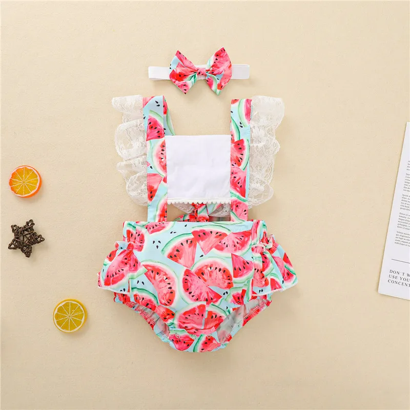 

Girls' Watermelon Printed 2Pcs Romper Set Ruffled Lace Sleeve Square Neck Hollowed Bodysuit with Headband
