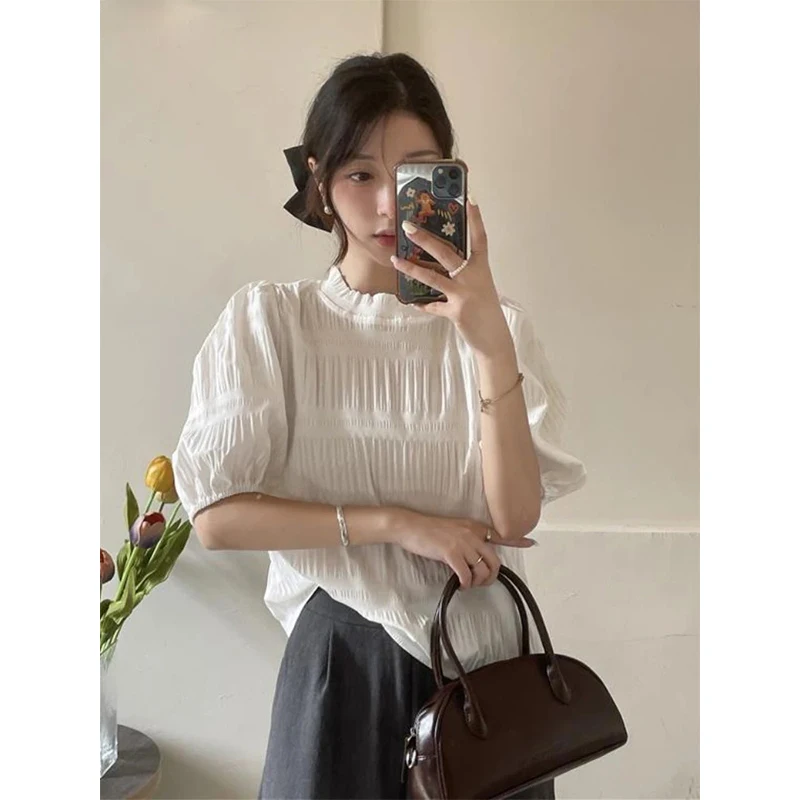 

MEXZT Sweet White Shirts Women Korean Puff Short Sleeve Pleated Blouses Office Lady Vintage Elegant Summer Black Casual Tops New