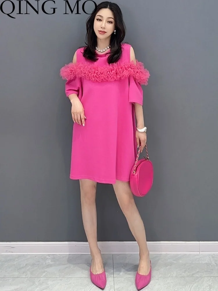 QING MO 2023 Summer New Korean Fashion Splice Mesh Mid Length Dress Women Loose Show Slim Female Dress Black Red ZXF2453