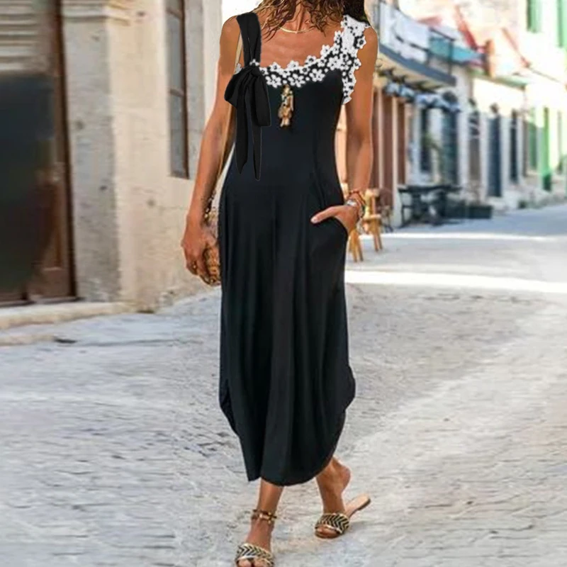 

Женское элегантное асимметричное длинное платье на одно плечо, летнее сексуальное кружевное лоскутное свободное платье, повседневные платья без рукавов с бантом