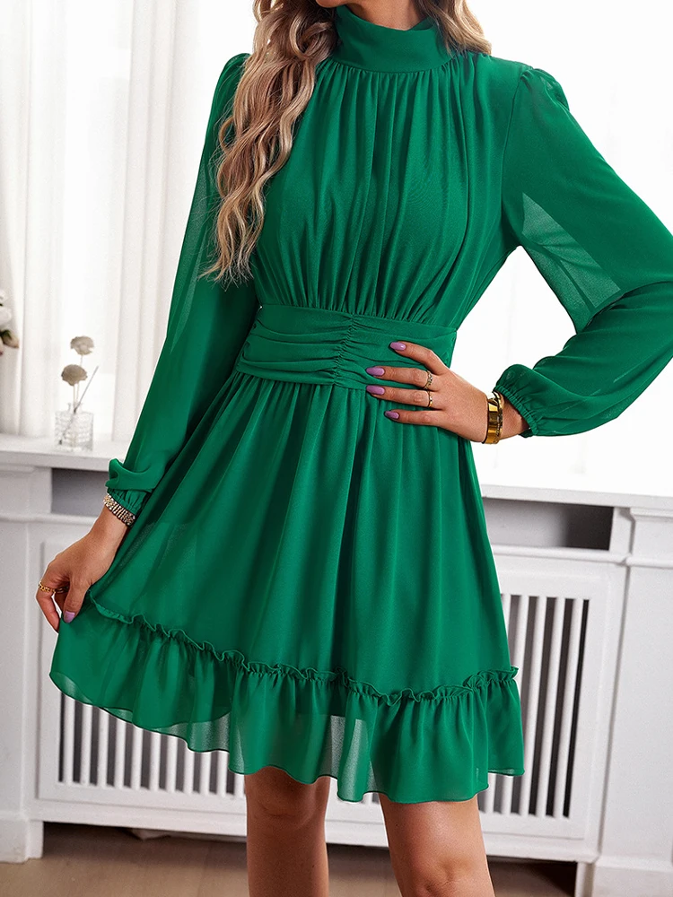 Элегантное платье во французском стиле женское осеннее с высоким воротником и