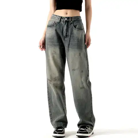 Women Vintage Jeans Loose Straight Denim Pants Holes Ripped Distressed Retro Blue Cotton Trousers