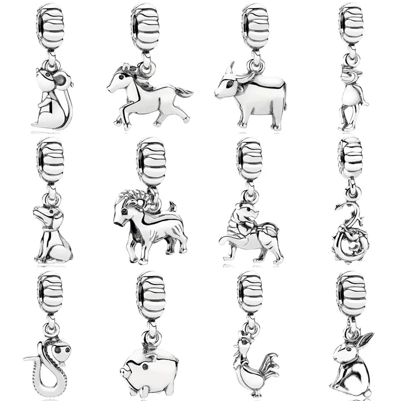 

New 925 Sterling Silver Charm Chinese Zodiac Snake Hanging Rabbit Buddy Dog Mouse Pendant Bead Fit Popular Bracelet DIY Jewelry
