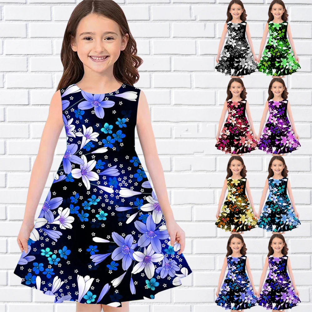 

Flourishing Flowers Print Summer Sleeveless Girl Dress Casual Round Neck Long Dresses Fashion Girls Dresses For Eid Kids Clothes