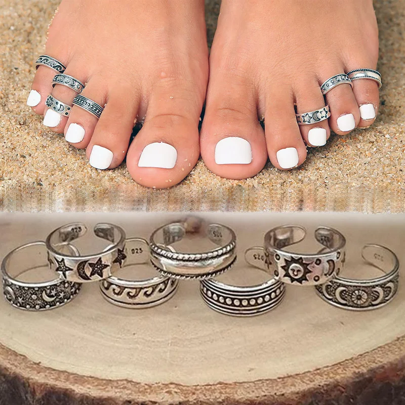 

7pcs Retro Hollow Carved Star Moon Toe Rings Adjustable Opening Finger Ring for Women Boho Beach Foot Ring Jewelry