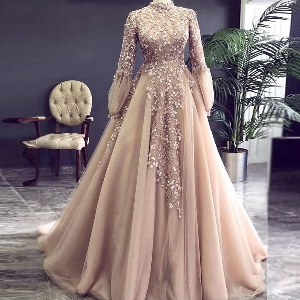 

Champagne Muslim Evening Dresses Arab Dubai Long Sleeve Decal Beads Ladies Elegant Formal Party A-Line Tulle Prom Gowns Robe De